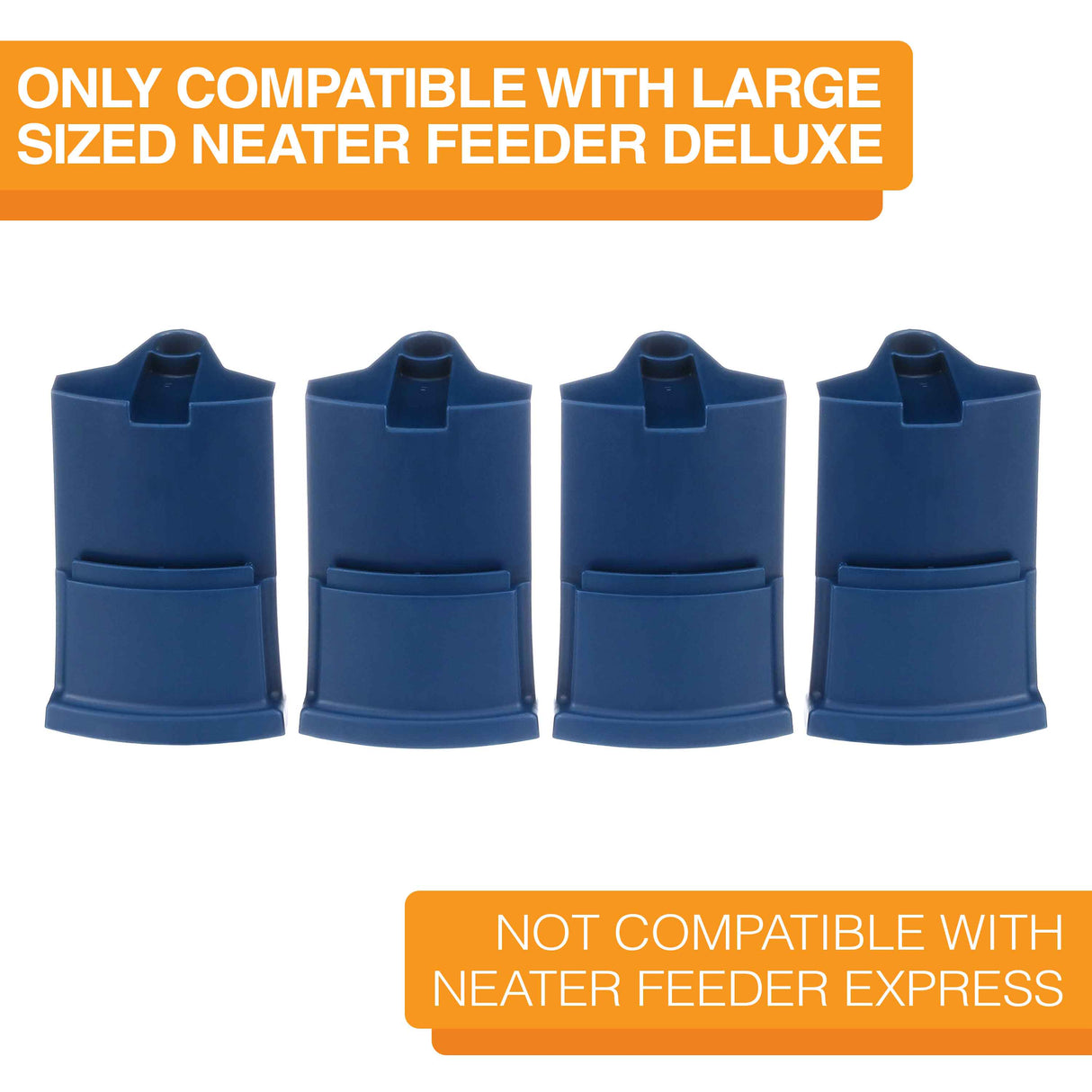 Four Dark Blue Neater Feeder Leg Extensions lined up on a white background. Text on screen reads: Only compatible with large sized Neater Feeder Deluxe. Not compatible with Neater Feeder Express.