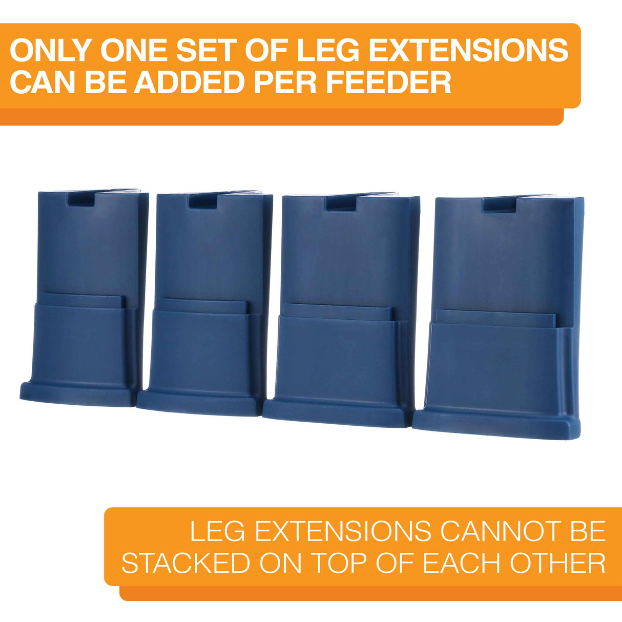 Four large Dark Blue Neater Feeder Leg Extensions lined up on a white background. Text on screen reads: Only one set of leg extensions can be added per feeder. Leg extensions cannot be stacked on top of each other.