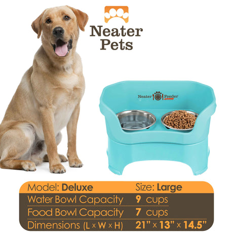 A chart displaying the Deluxe large bowl capacity and dimensions, with a large dog next to the chart.
