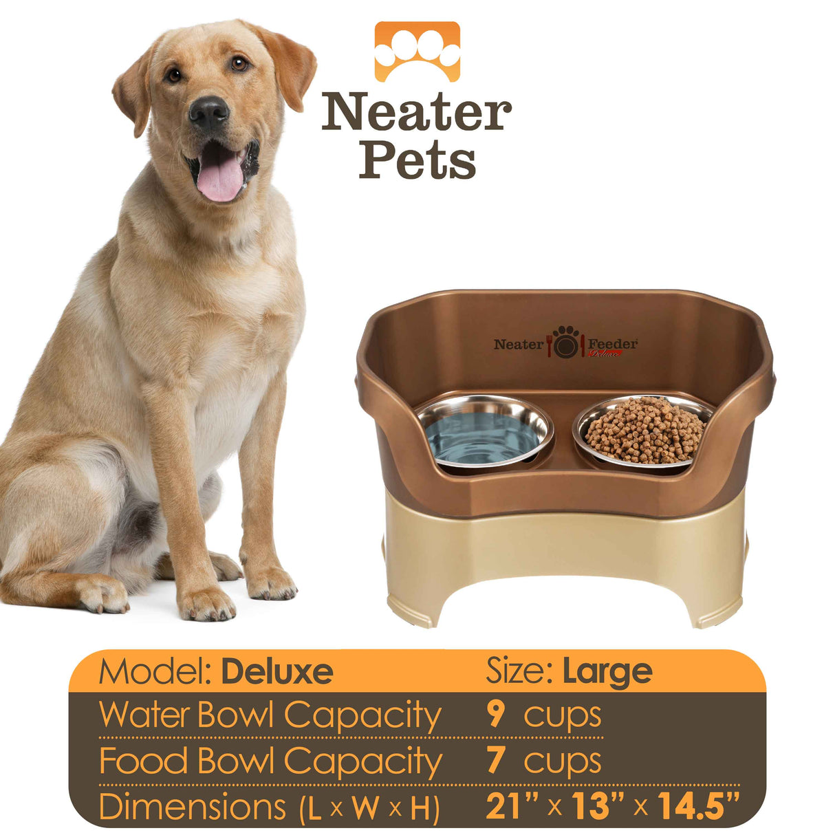 A chart displaying the Deluxe large bowl capacity and dimensions, with a large dog next to the chart.