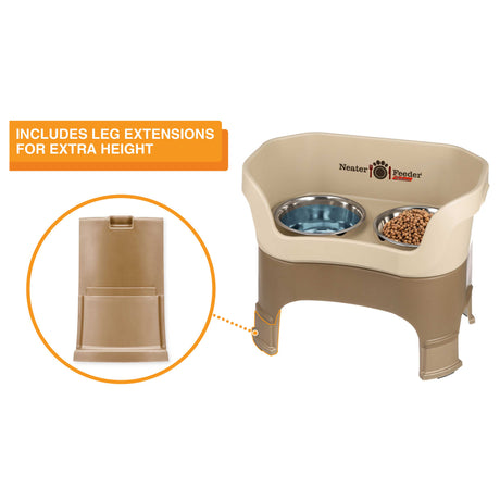 The Neater Feeder Deluxe large with a close-up of the leg extensions that are included.