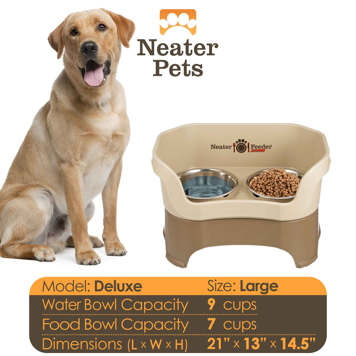 A chart displaying the Deluxe large bowl capacity and dimensions, with a large dog next to the chart.
