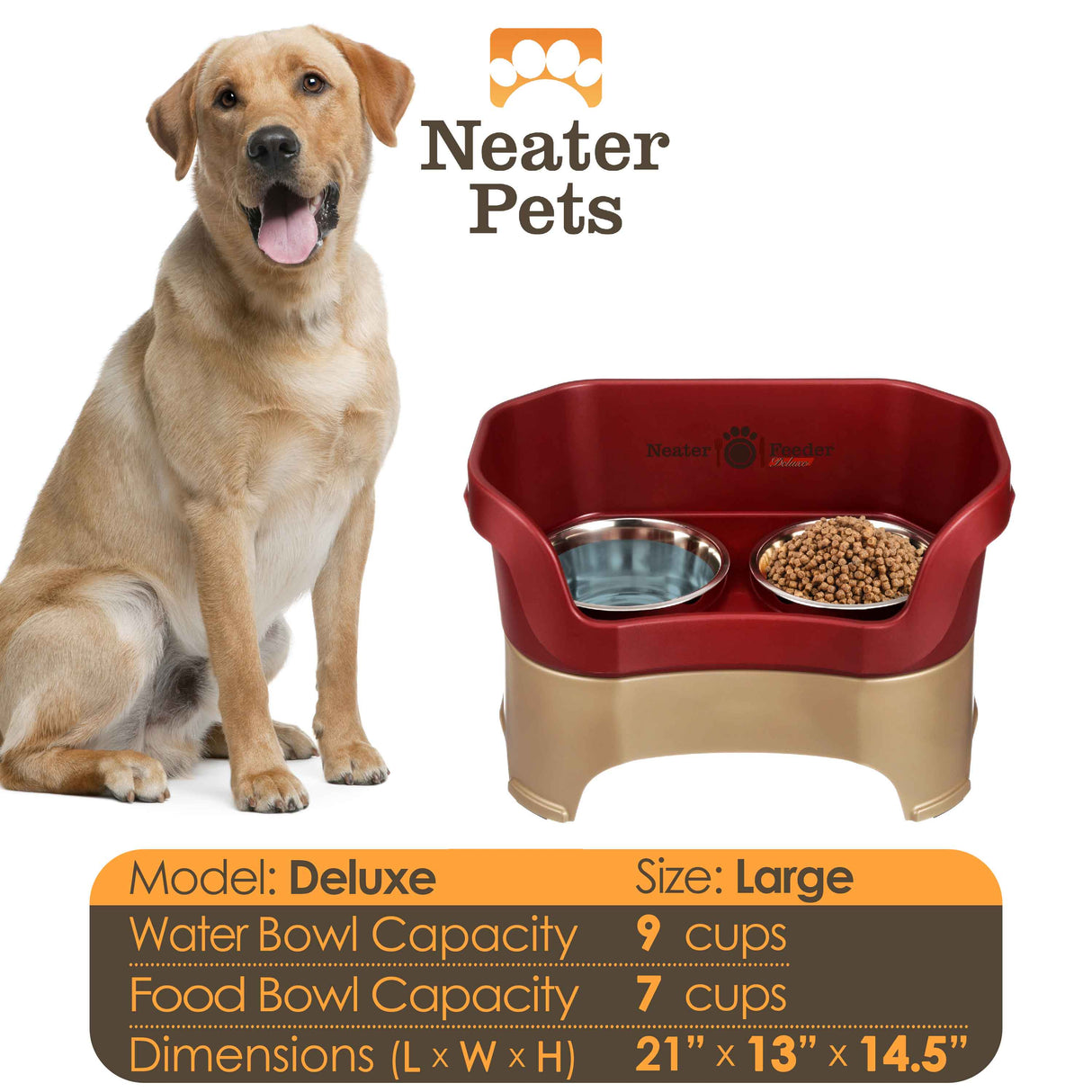 A chart displaying the Deluxe large bowl capacity and dimensions, with a large dog next to the chart.