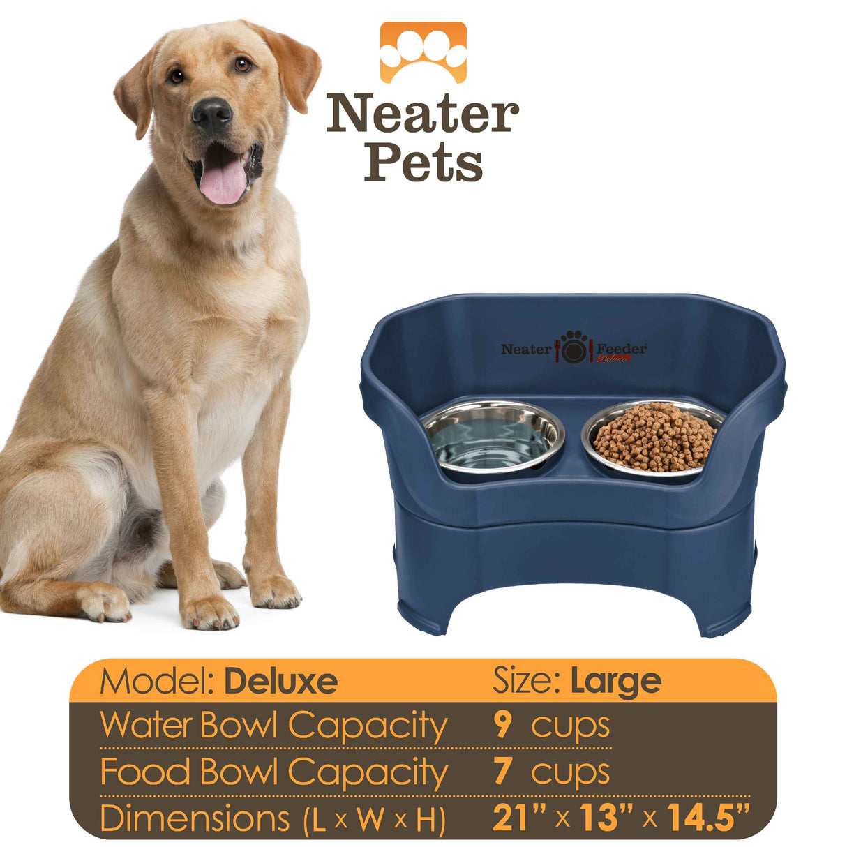 A chart displaying the Deluxe large bowl capacity and dimensions, with a large dog next to the chart.