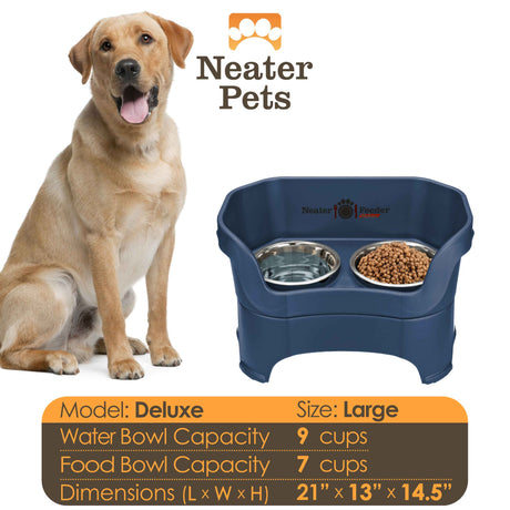 A chart displaying the Deluxe large bowl capacity and dimensions, with a large dog next to the chart.