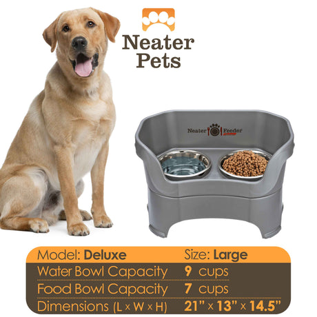 A chart displaying the Deluxe large bowl capacity and dimensions, with a large dog next to the chart.