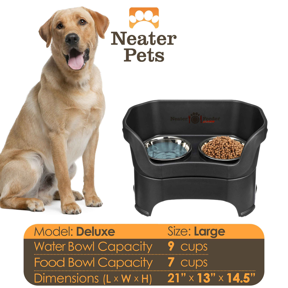 A chart displaying the Deluxe large bowl capacity and dimensions, with a large dog next to the chart.