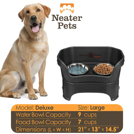 A chart displaying the Deluxe large bowl capacity and dimensions, with a large dog next to the chart.