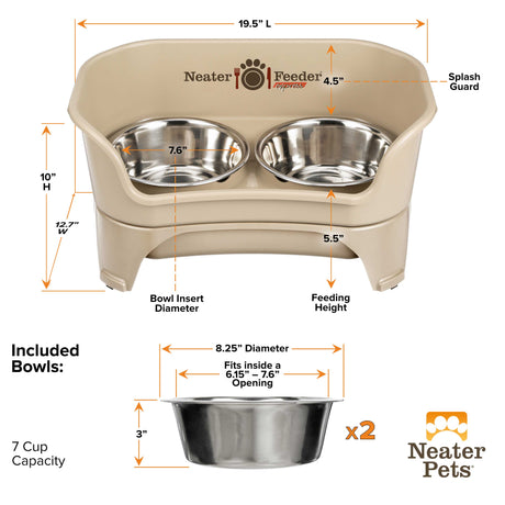 Dimensions of Medium to large almond EXPRESS Neater Feeder and the stainless steel bowls.