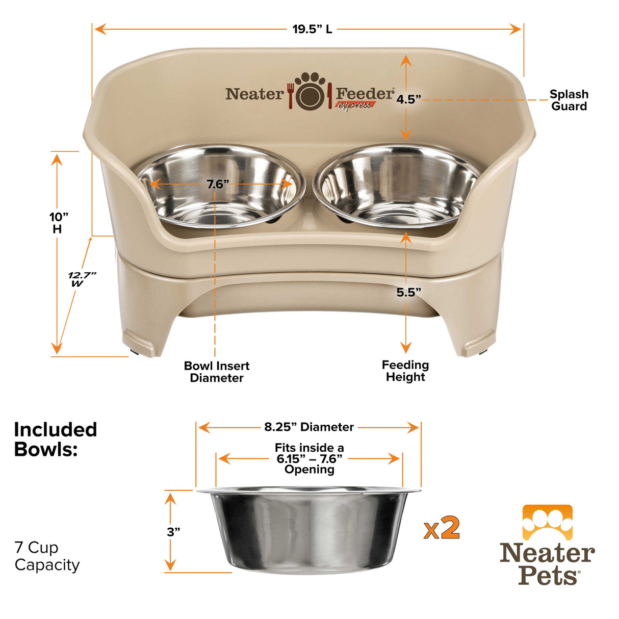 Dimensions of the Almond Express medium to large Neater Feeder and the stainless steel bowls.