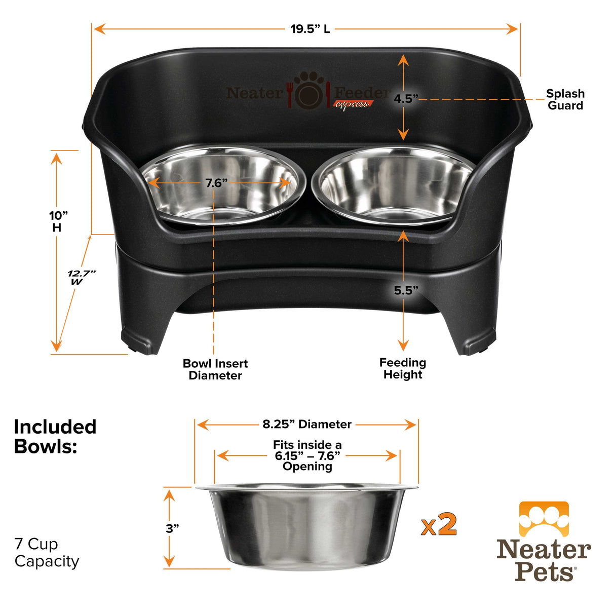 Dimensions of the Midnight Black Express medium to large Neater Feeder and the stainless steel bowls.