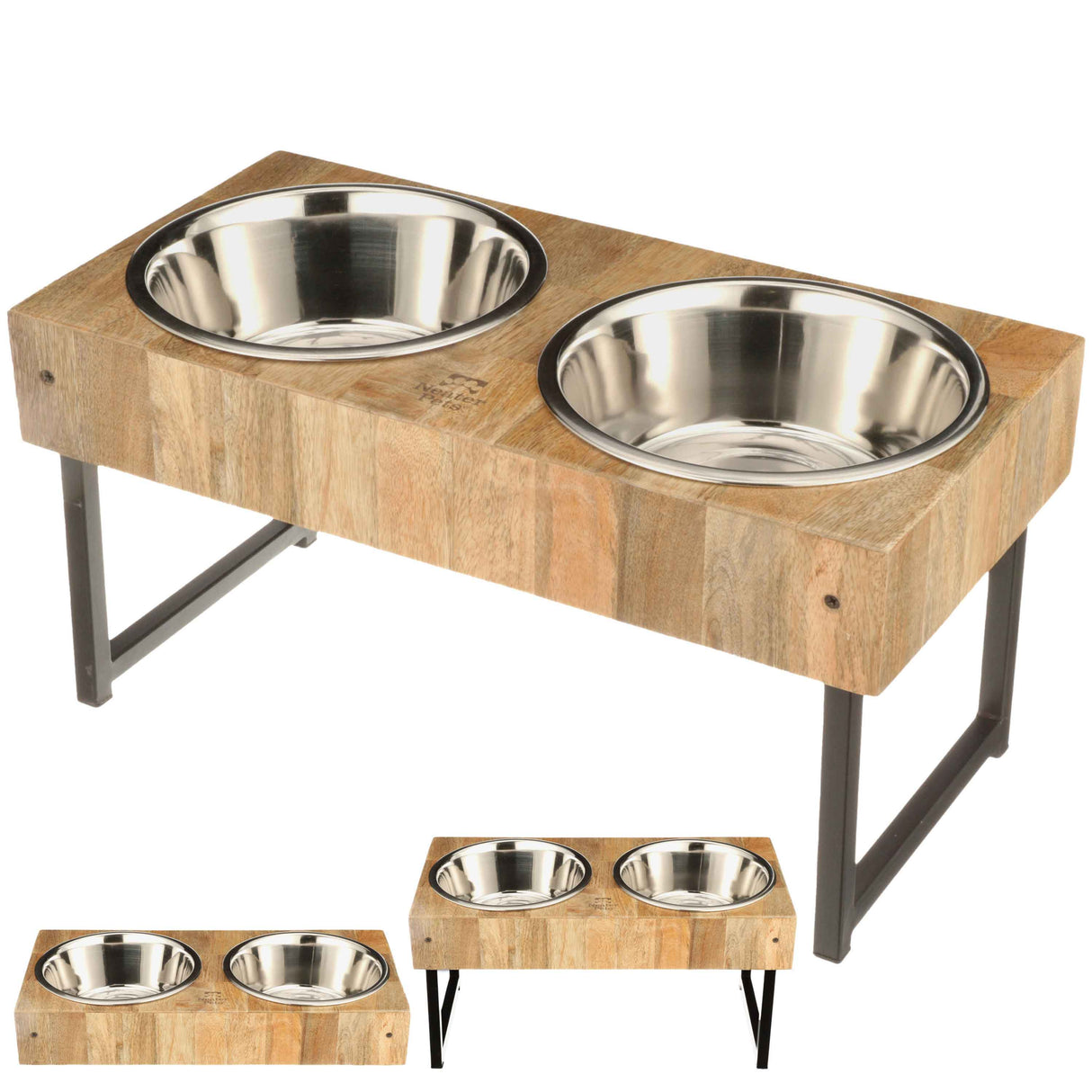 Large Wooden Adjustable Feeder against a white background. Images at the bottom of the screen show how the legs fold up underneath the feeder.