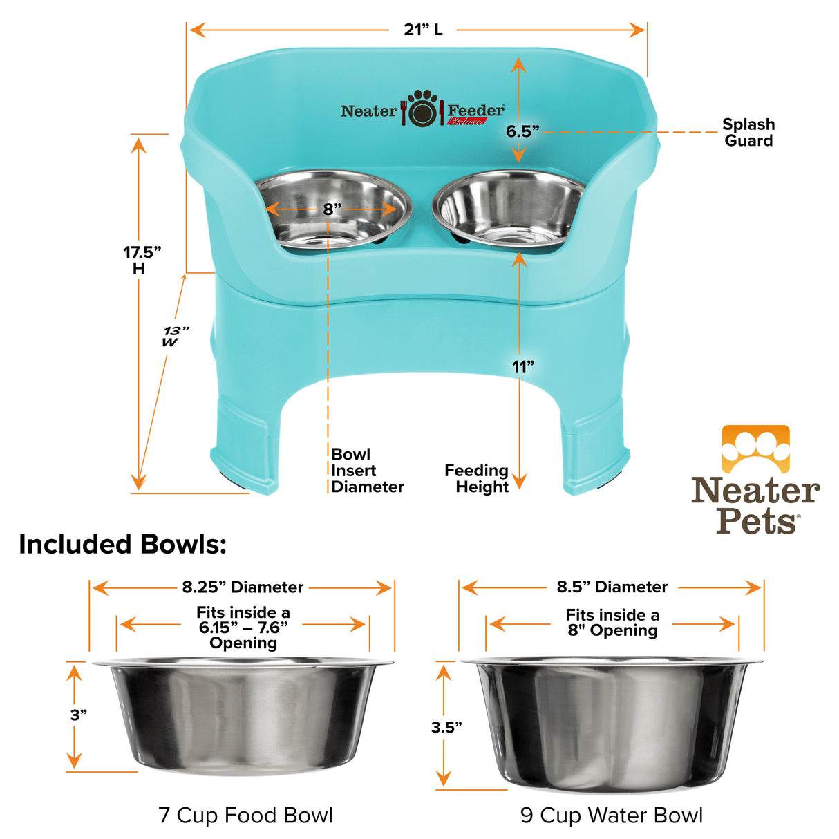 A chart showing the dimensions of the Neater Feeder Deluxe large with leg extensions as well as the stainless steel bowls against a white background