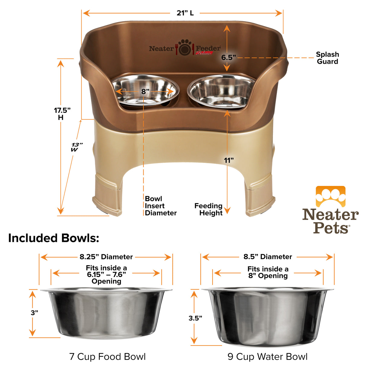 A chart showing the dimensions of the Neater Feeder Deluxe large with leg extensions as well as the stainless steel bowls against a white background