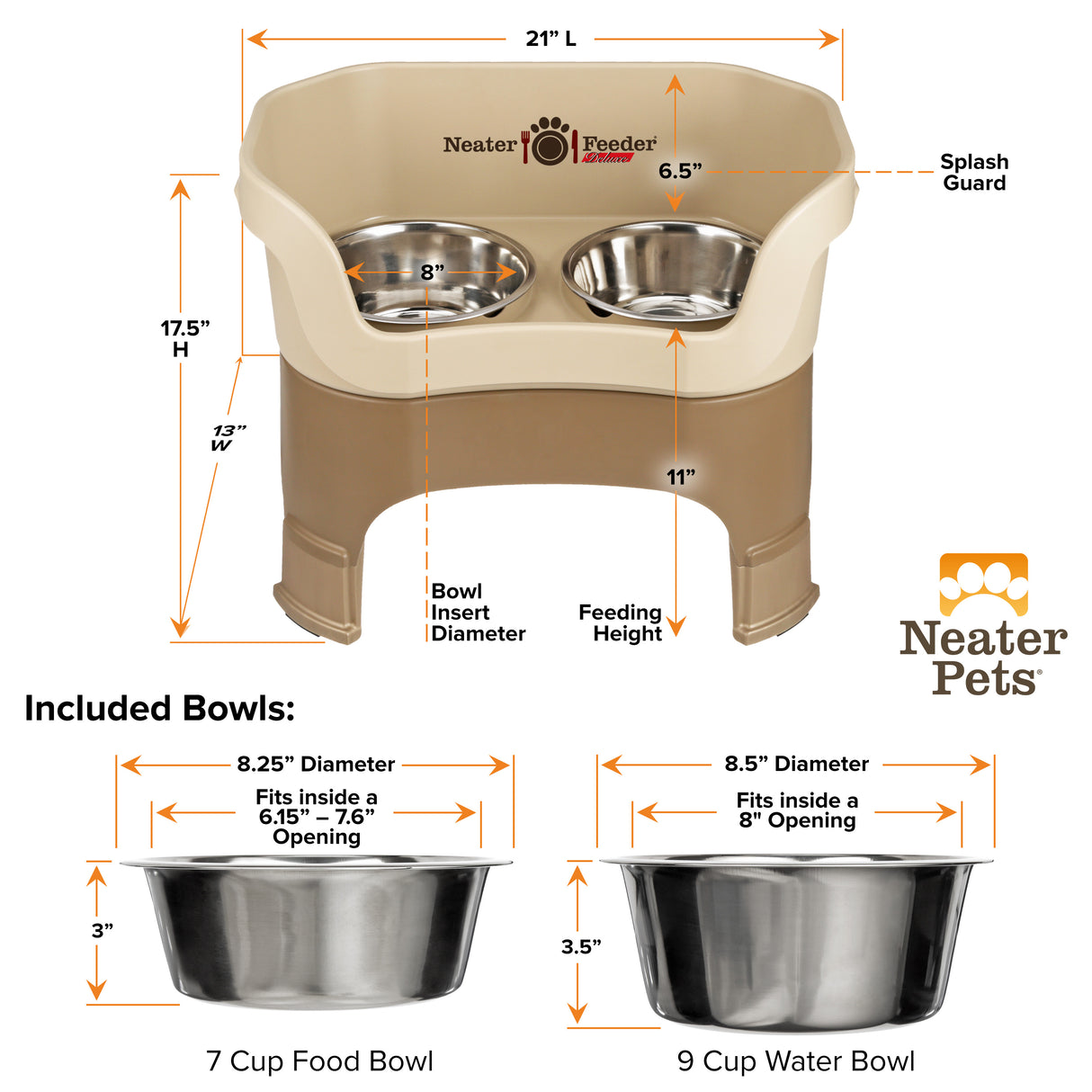 A chart showing the dimensions of the Neater Feeder Deluxe large with leg extensions as well as the stainless steel bowls against a white background.