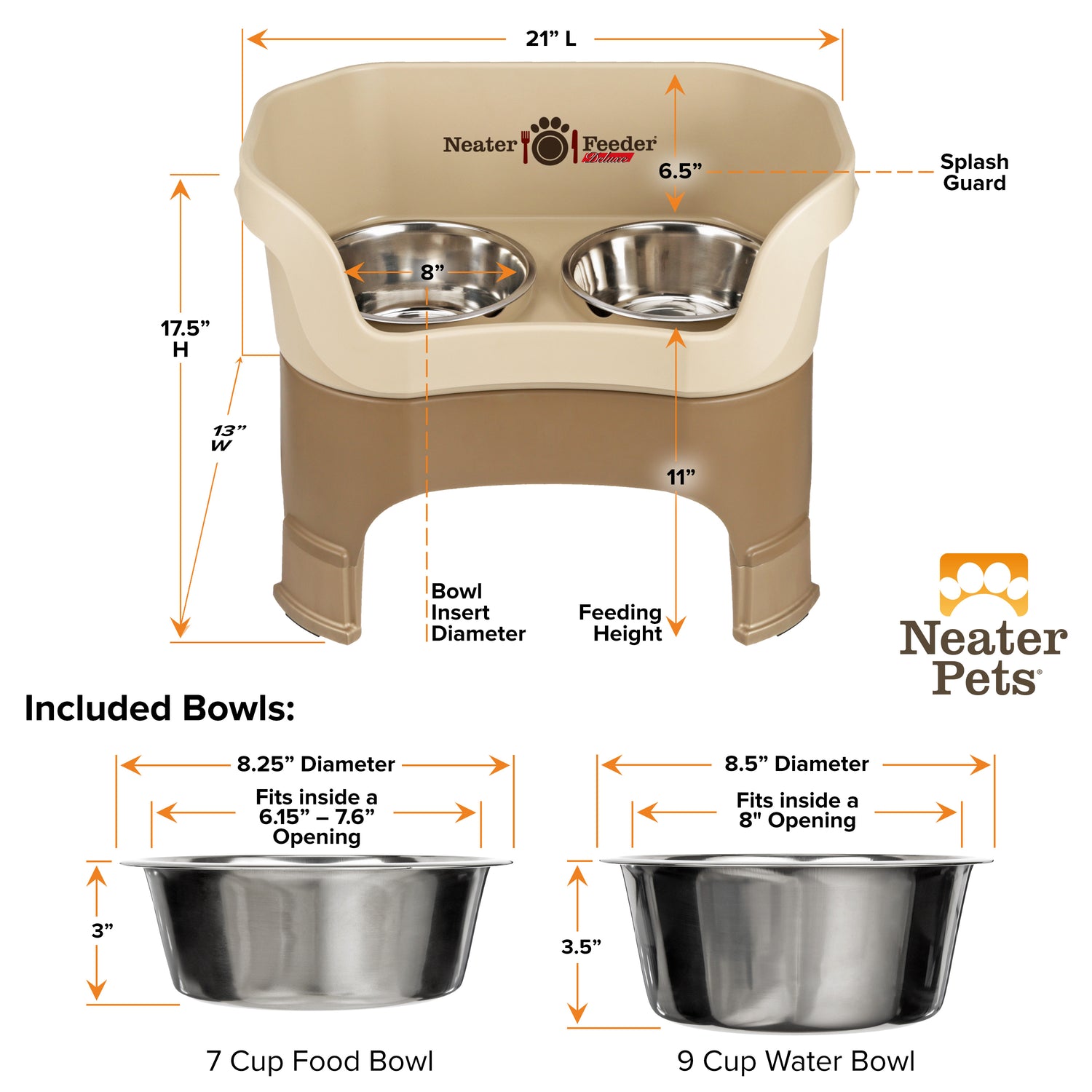 A chart showing the dimensions of the Neater Feeder Deluxe large with leg extensions as well as the stainless steel bowls against a white background.