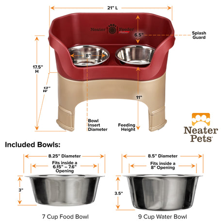 A chart showing the dimensions of the Neater Feeder Deluxe large with leg extensions as well as the stainless steel bowls against a white background.