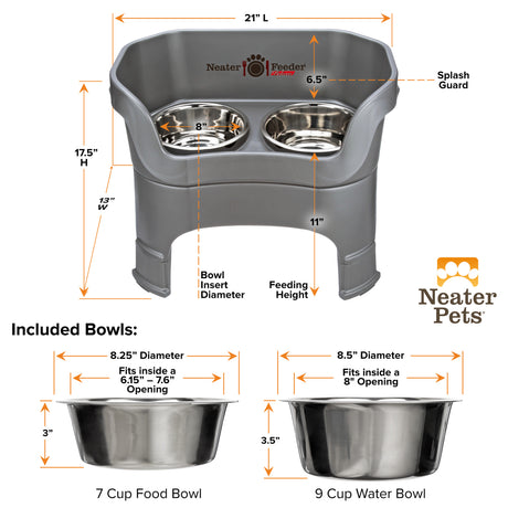 A chart showing the dimensions of the Neater Feeder Deluxe large with leg extensions as well as the stainless steel bowls against a white background.