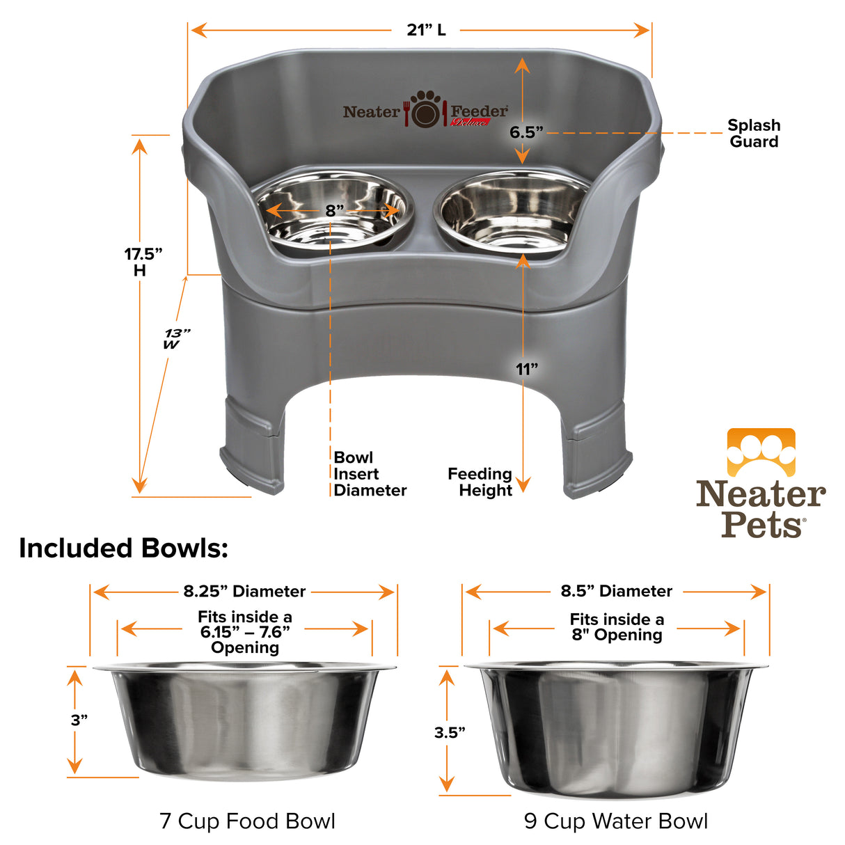 A chart showing the dimensions of the Neater Feeder Deluxe large with leg extensions as well as the stainless steel bowls against a white background.