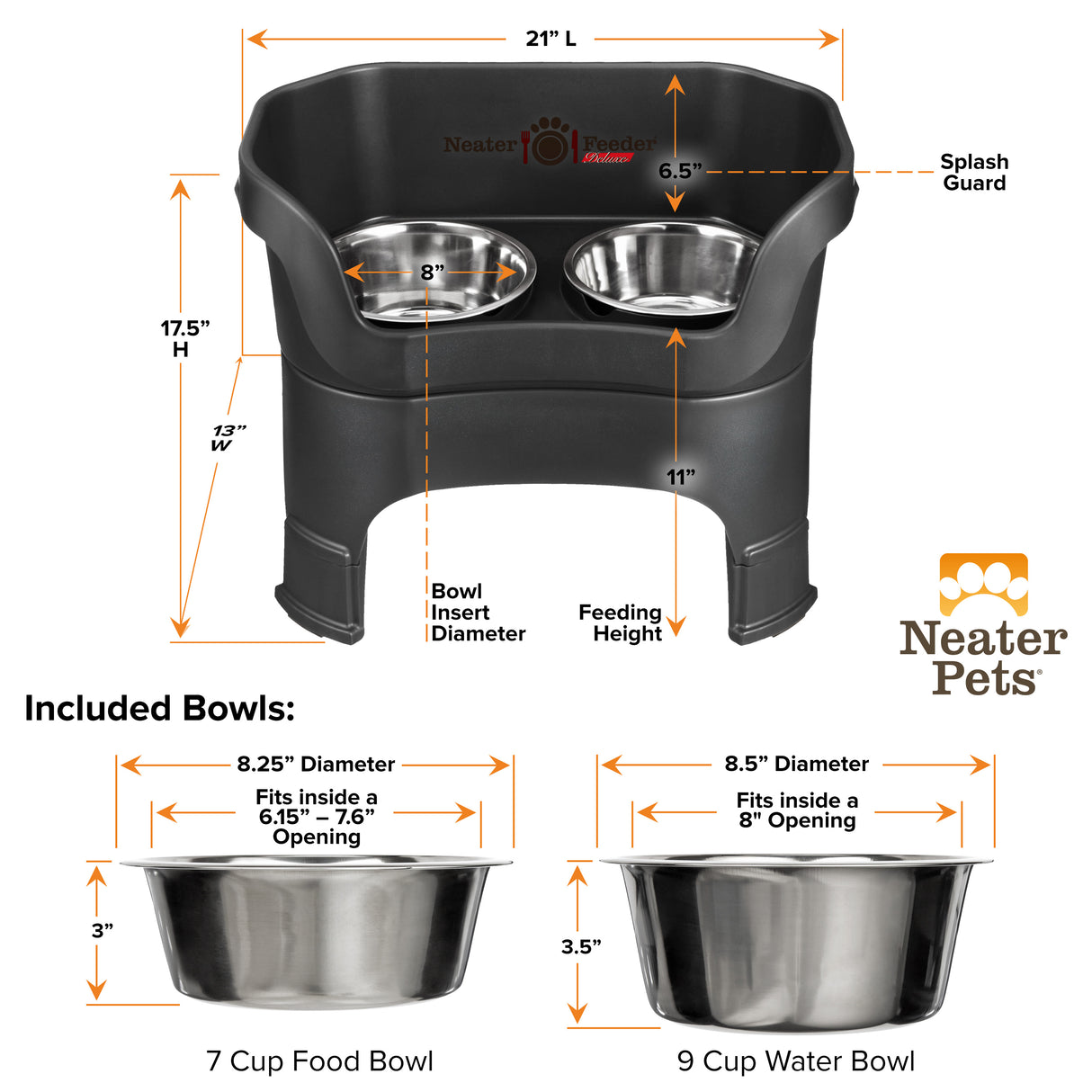 A chart showing the dimensions of the Neater Feeder Deluxe large with leg extensions as well as the stainless steel bowls against a white background