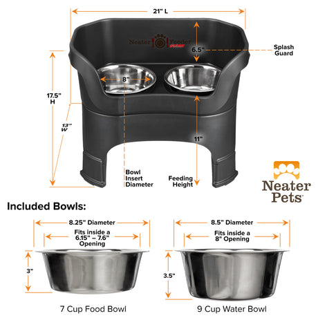 A chart showing the dimensions of the Neater Feeder Deluxe large with leg extensions as well as the stainless steel bowls against a white background.