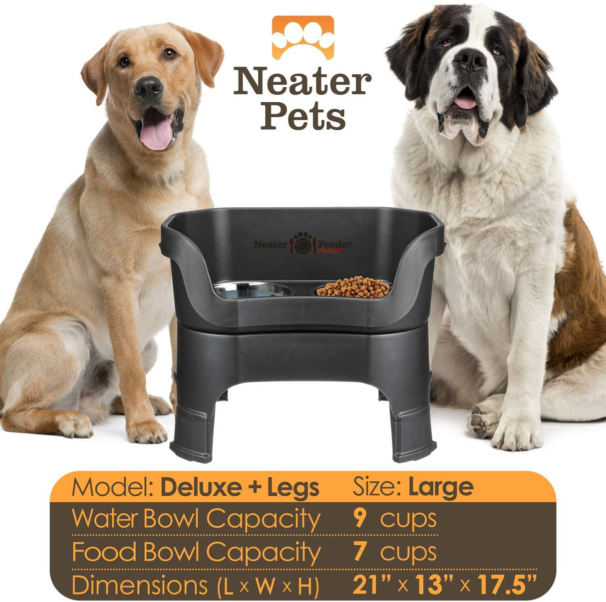 A chart displaying the Deluxe large with and leg extension bowl capacity and dimensions, with two large sized dogs next to the chart.