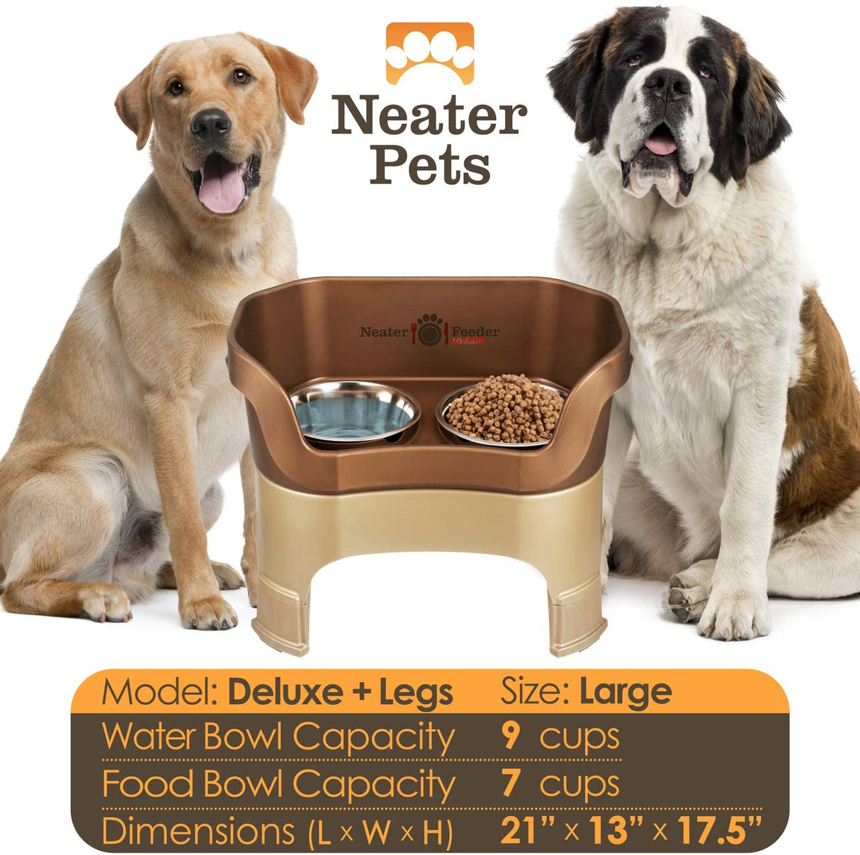 A chart displaying the Deluxe large with leg extensions bowl capacity and dimensions, with two large size dogs on either side of the chart.