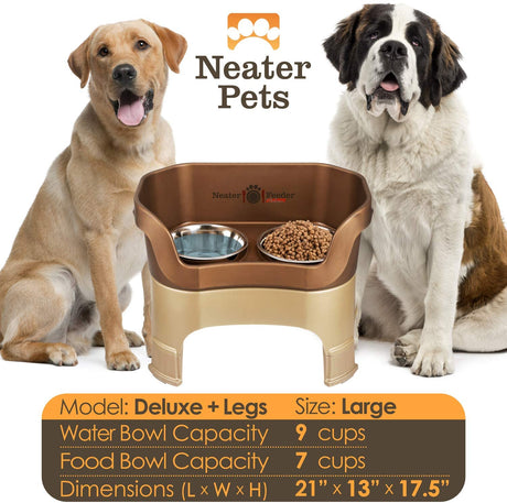 A chart displaying the Deluxe large with and leg extension bowl capacity and dimensions, with two large sized dogs next to the chart.