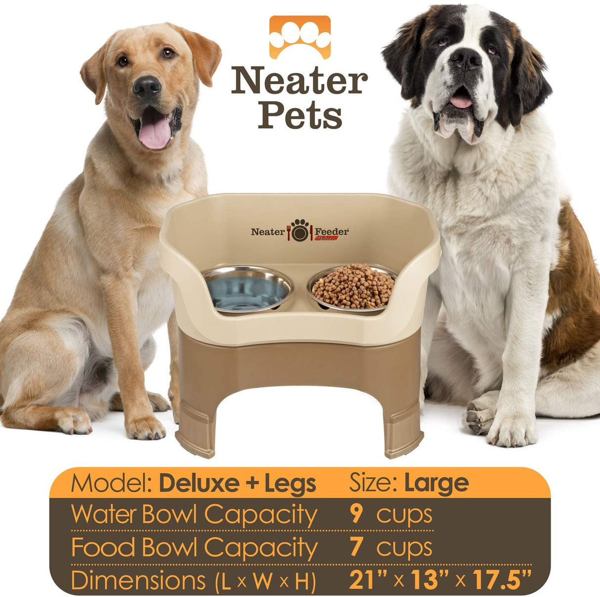 A chart displaying the Deluxe large with leg extensions bowl capacity and dimensions, with two large size dogs on either side of the chart.