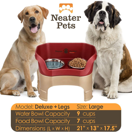 A chart displaying the Deluxe large with leg extensions bowl capacity and dimensions, with two large size dogs on either side of the chart.