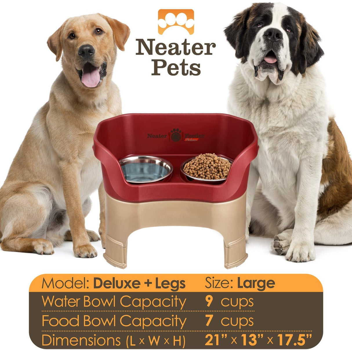 A chart displaying the Deluxe large with and leg extension bowl capacity and dimensions, with two large sized dogs next to the chart.