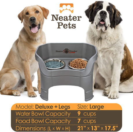 A chart displaying the Deluxe large with and leg extension bowl capacity and dimensions, with two large sized dogs next to the chart.