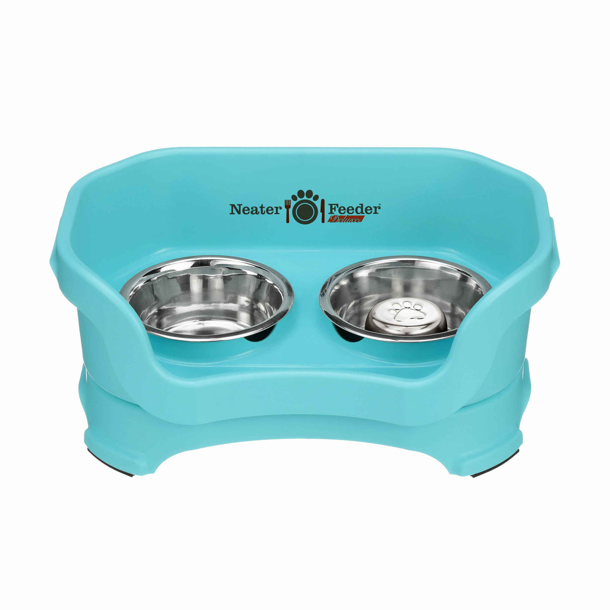 Aquamarine SMALL DELUXE Neater Feeder with Stainless Steel Slow Feed Bowl and stainless steel water bowl against a white background.