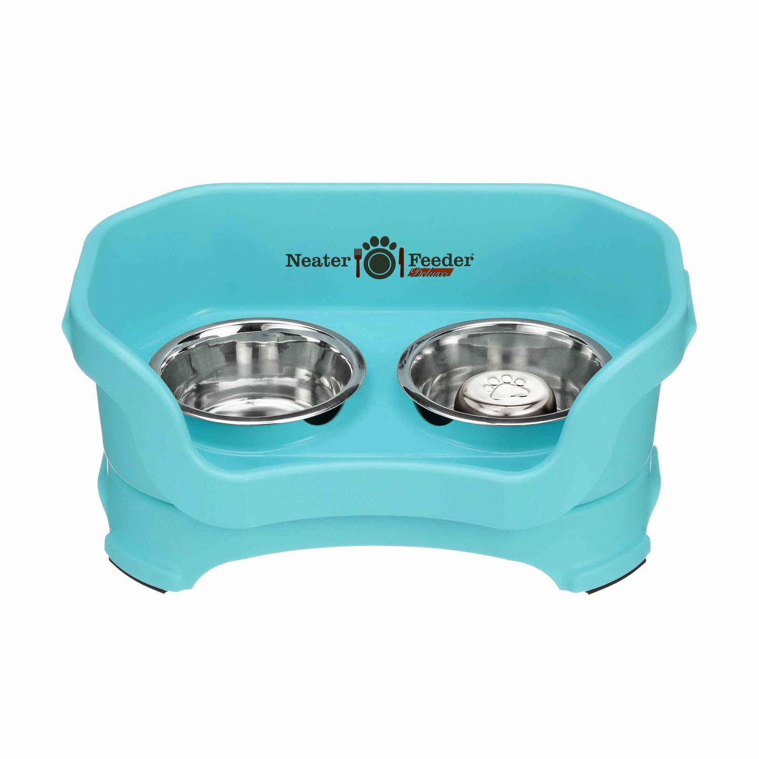 Aquamarine SMALL DELUXE Neater Feeder with Stainless Steel Slow Feed Bowl and stainless steel water bowl against a white background.