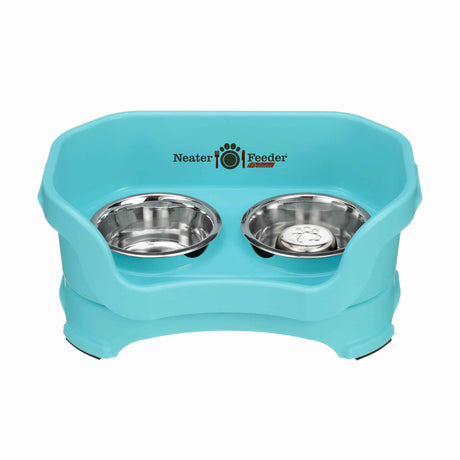 Aquamarine SMALL DELUXE Neater Feeder with Stainless Steel Slow Feed Bowl and stainless steel water bowl against a white background.