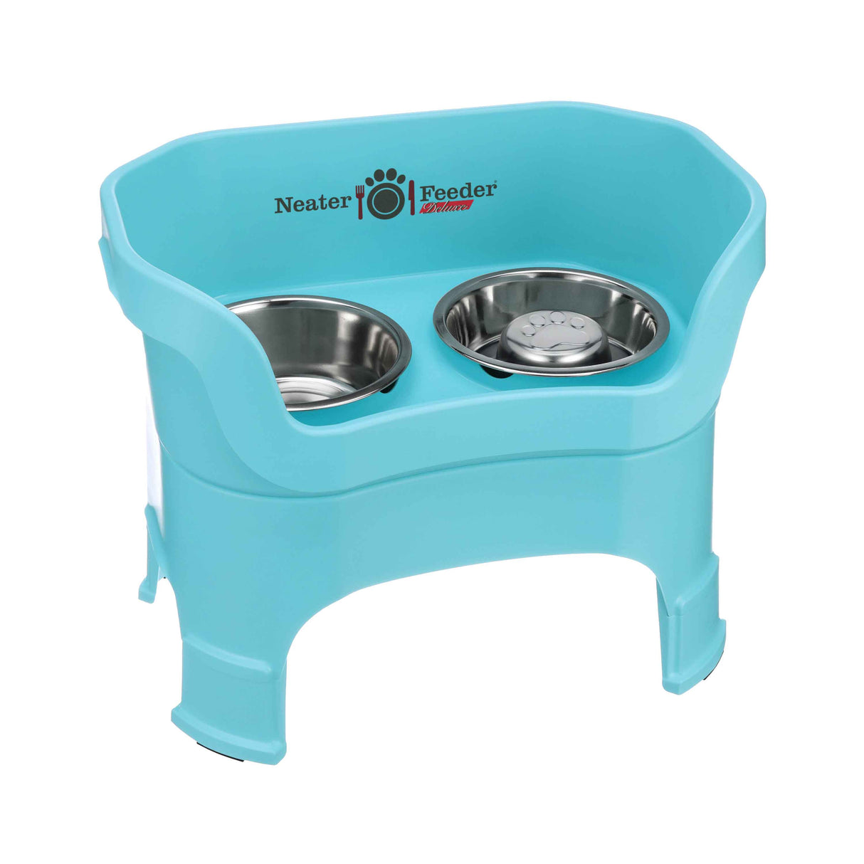 Aquamarine large DELUXE Neater Feeder with Stainless Steel Slow Feed Bowl with leg extensions and stainless steel water bowl against a white background.