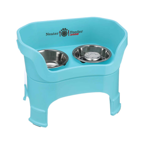 Aquamarine large DELUXE Neater Feeder with Stainless Steel Slow Feed Bowl with leg extensions and stainless steel water bowl against a white background.