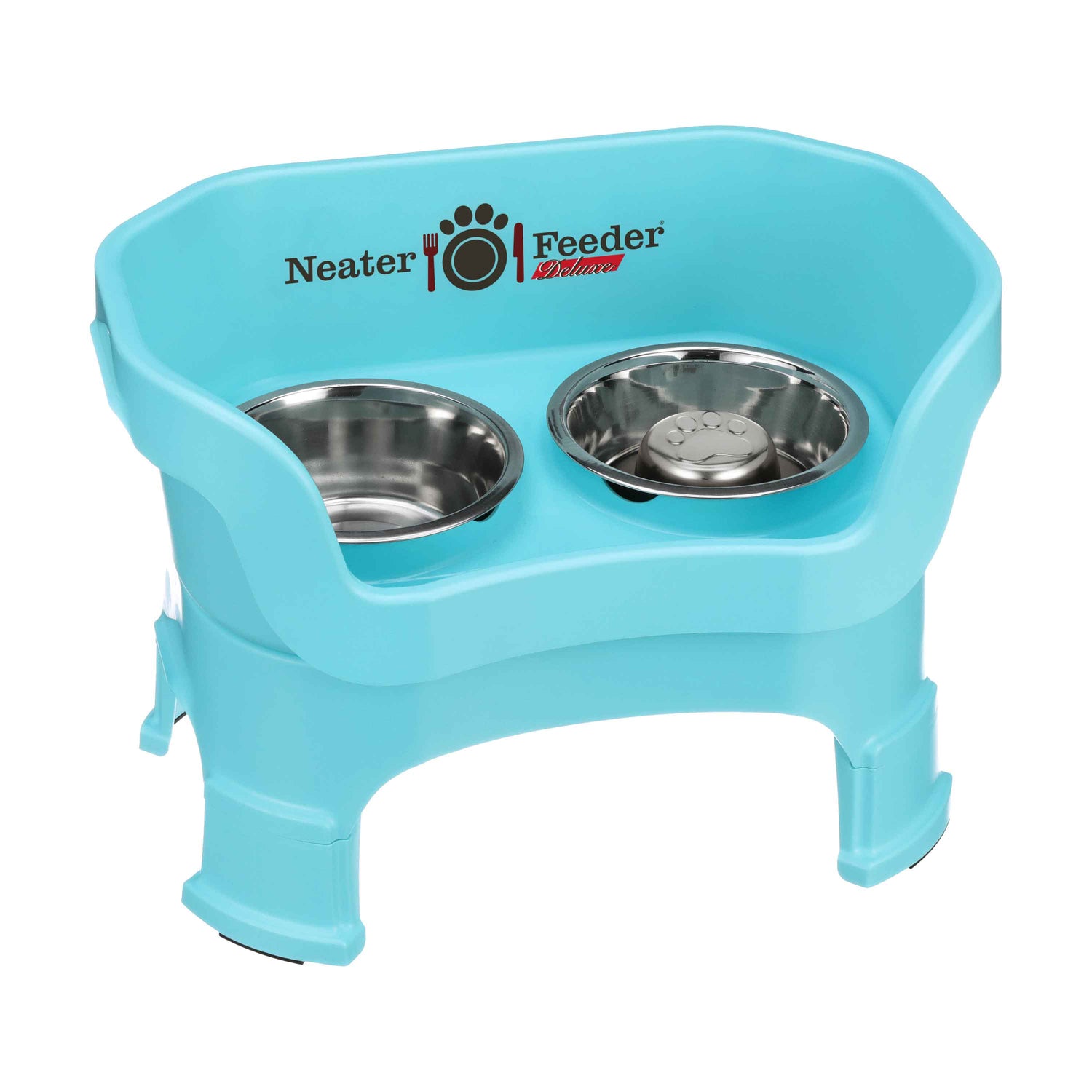 Aquamarine medium DELUXE Neater Feeder with Stainless Steel Slow Feed Bowl with leg extensions and stainless steel water bowl against a white background.