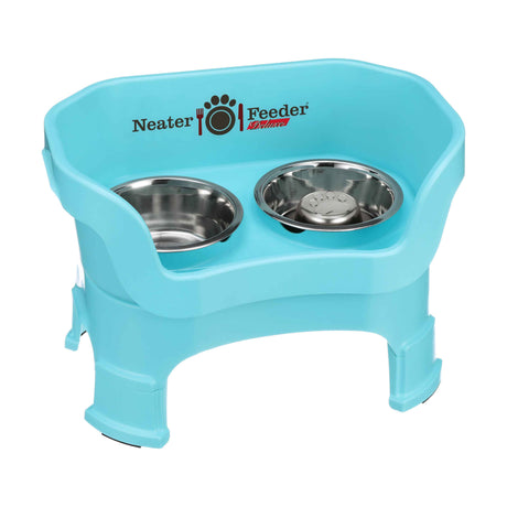 Aquamarine medium DELUXE Neater Feeder with Stainless Steel Slow Feed Bowl with leg extensions and stainless steel water bowl against a white background.