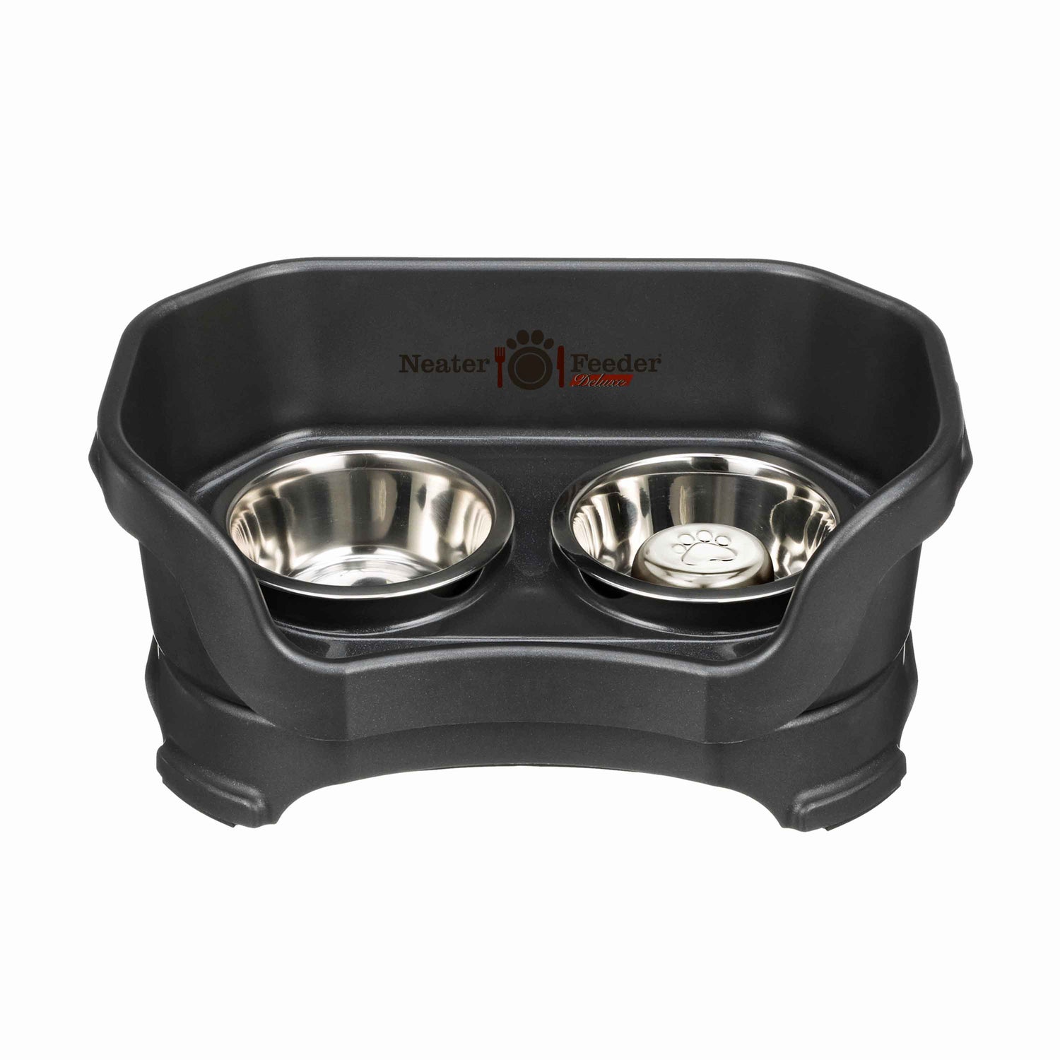 Midnight Black SMALL DELUXE Neater Feeder with Stainless Steel Slow Feed Bowl and stainless steel water bowl against a white background.