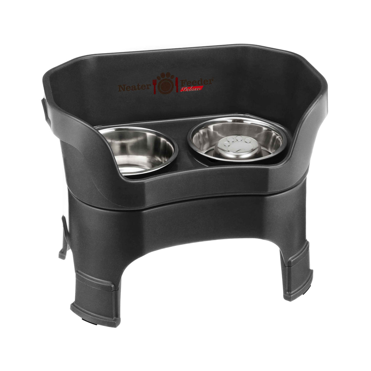 Midnight Black large DELUXE Neater Feeder with Stainless Steel Slow Feed Bowl with leg extensions and stainless steel water bowl against a white background.