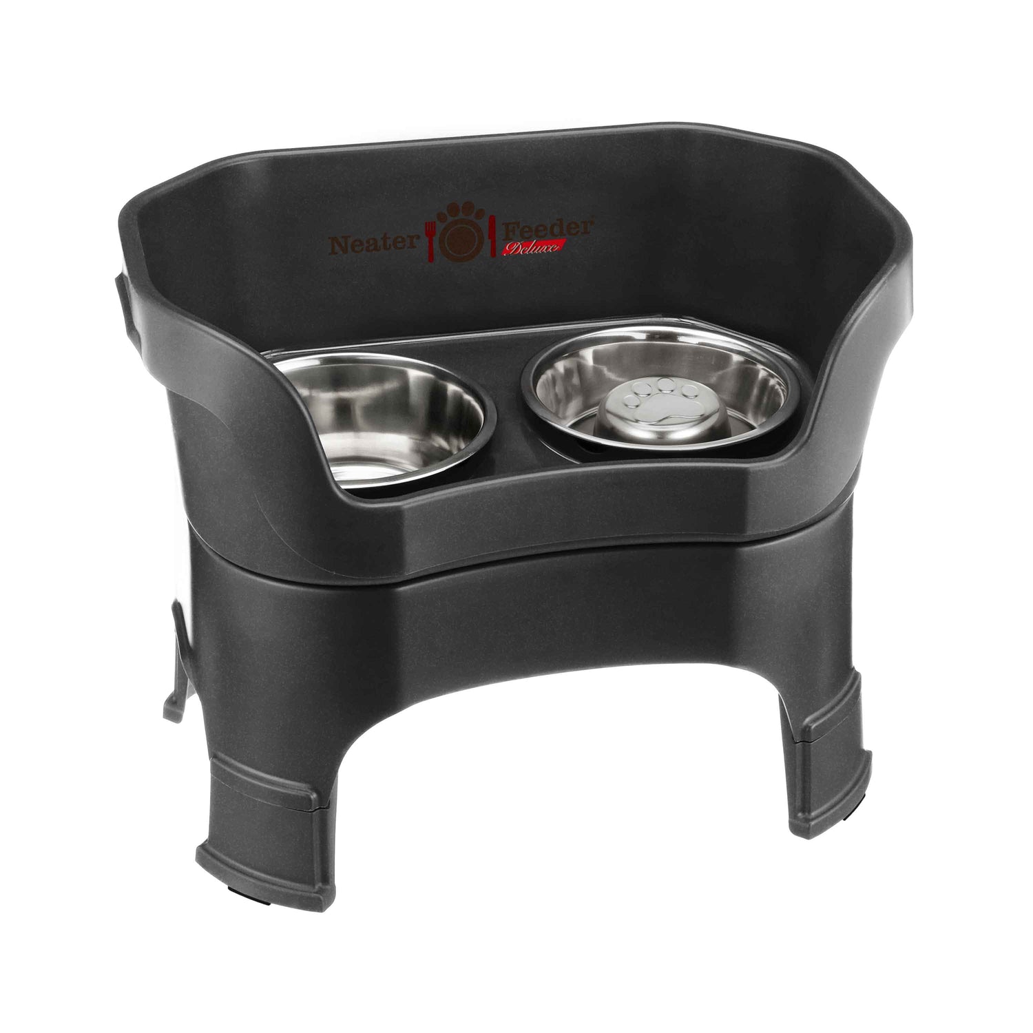 Midnight Black large DELUXE Neater Feeder with Stainless Steel Slow Feed Bowl with leg extensions and stainless steel water bowl against a white background.