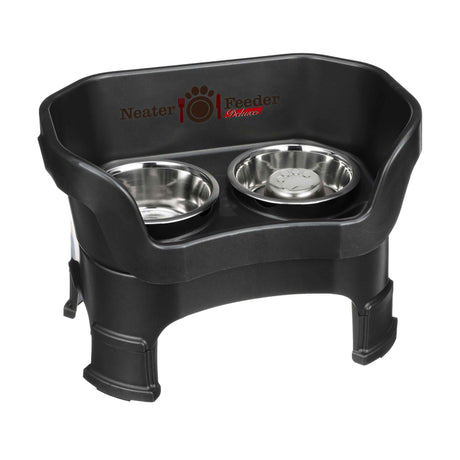 Midnight Black medium DELUXE Neater Feeder with Stainless Steel Slow Feed Bowl with leg extensions and stainless steel water bowl against a white background.