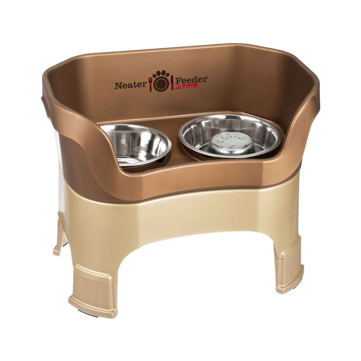 Bronze large DELUXE Neater Feeder with Stainless Steel Slow Feed Bowl with leg extensions and stainless steel water bowl against a white background.