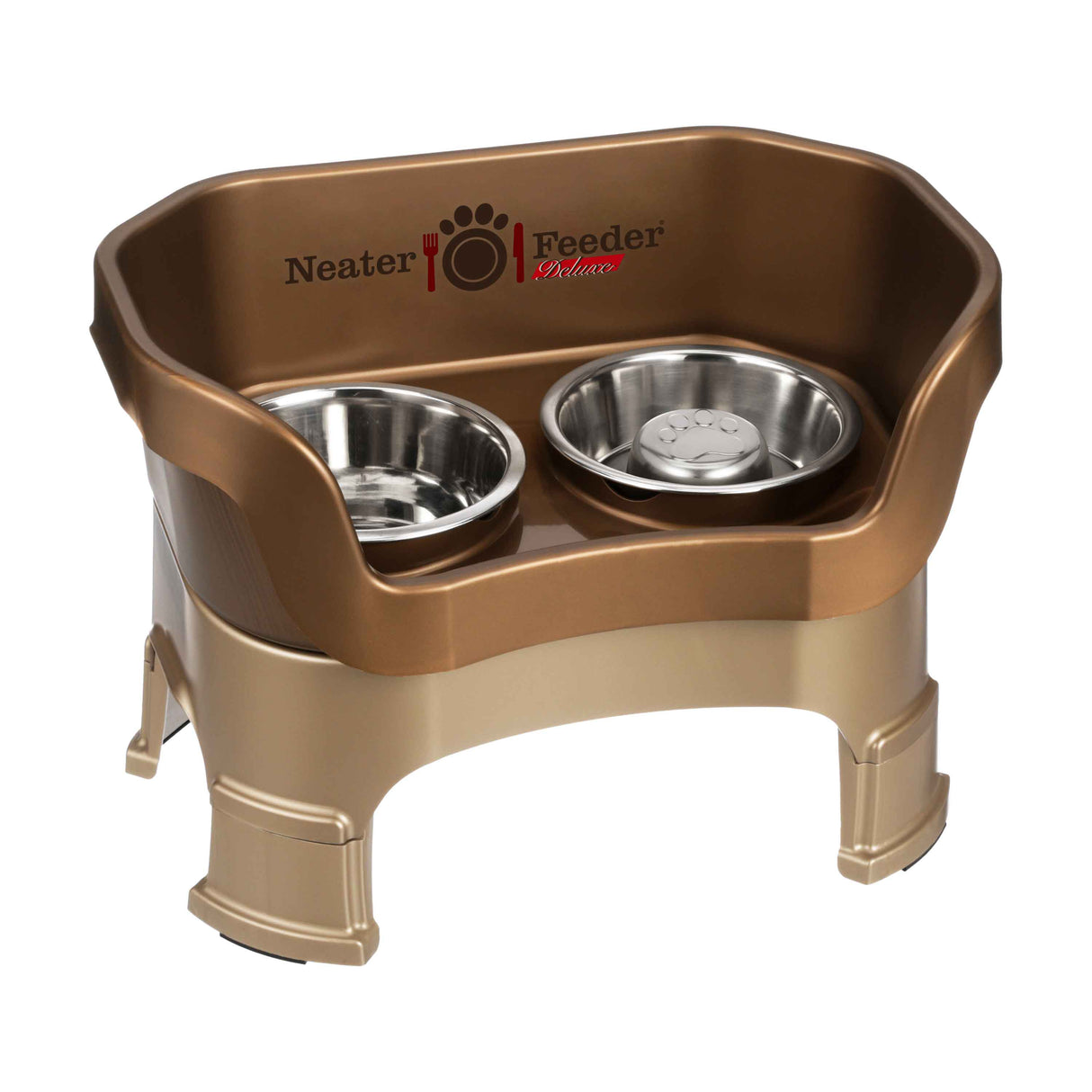Bronze medium DELUXE Neater Feeder with Stainless Steel Slow Feed Bowl with leg extensions and stainless steel water bowl against a white background.