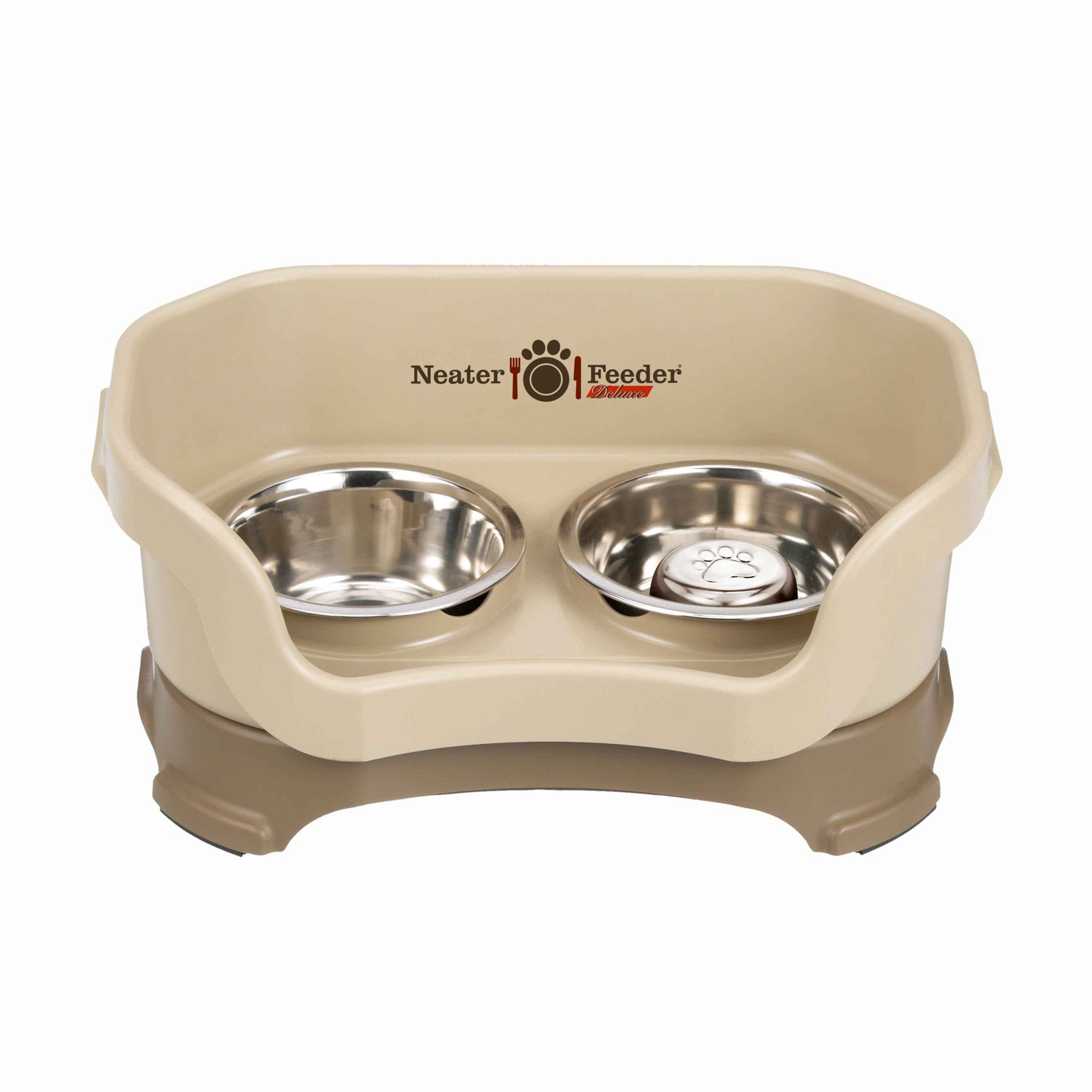 Cappuccino SMALL DELUXE Neater Feeder with Stainless Steel Slow Feed Bowl and stainless steel water bowl against a white background.