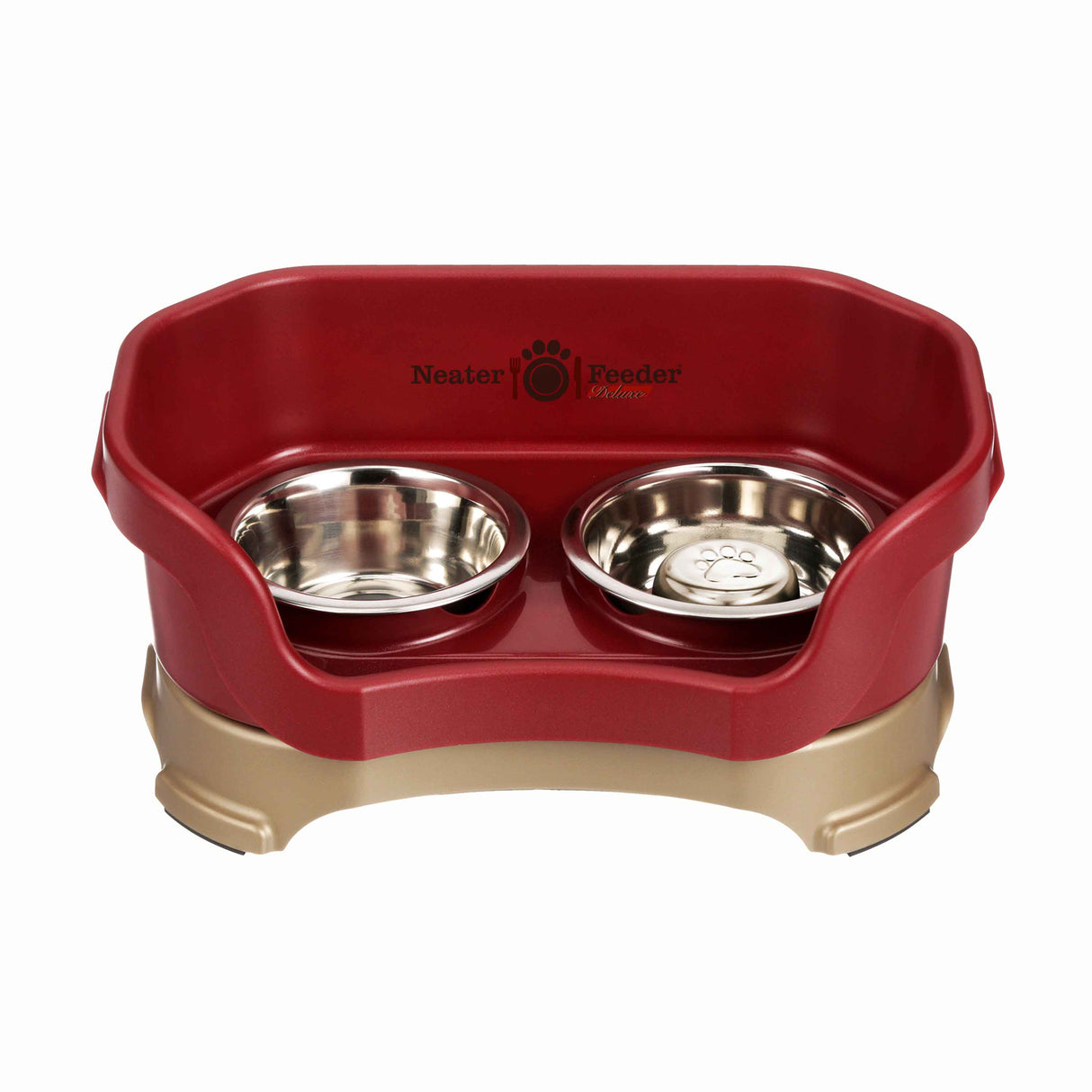 Cranberry SMALL DELUXE Neater Feeder with Stainless Steel Slow Feed Bowl and stainless steel water bowl against a white background.