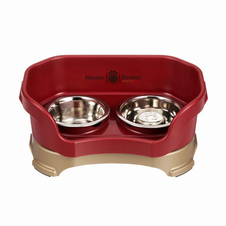 Cranberry SMALL DELUXE Neater Feeder with Stainless Steel Slow Feed Bowl and stainless steel water bowl against a white background.