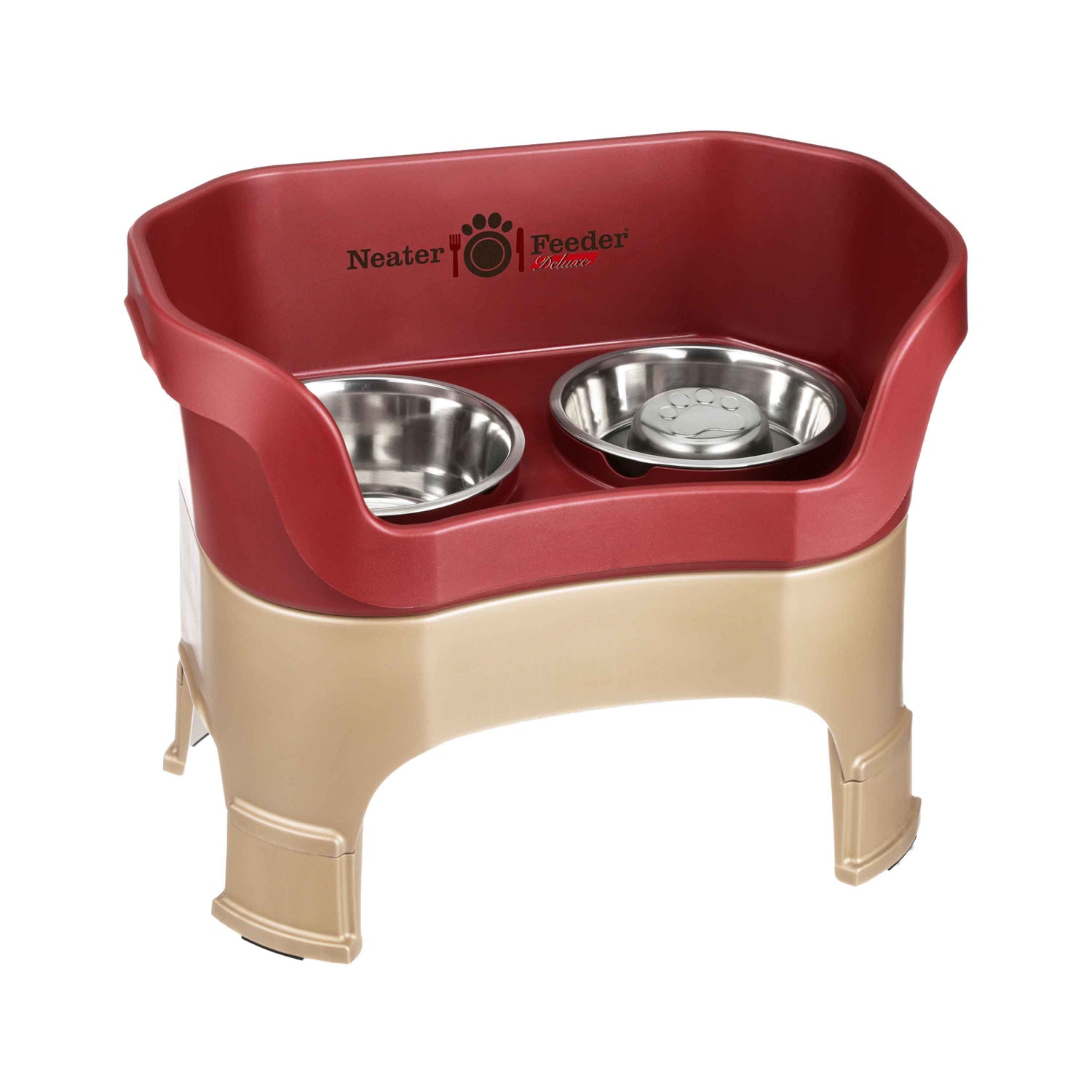 Cranberry large DELUXE Neater Feeder with Stainless Steel Slow Feed Bowl with leg extensions and stainless steel water bowl against a white background.