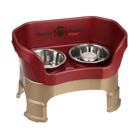 Cranberry medium DELUXE Neater Feeder with Stainless Steel Slow Feed Bowl with leg extensions and stainless steel water bowl against a white background.